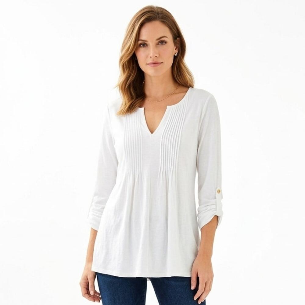 Lilly Pulitzer Braylen Tunic Top Women's L White Pleated Roll Tab Sleeve Classic